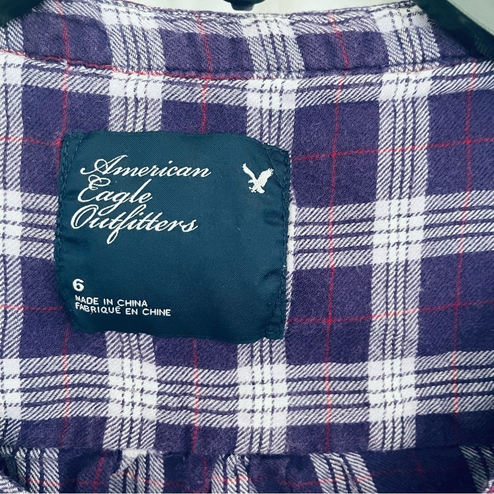 AEO Cotton Plaid Ruffle Neck Long Sleeve Top Purple Size 6 - Picture 6 of 11